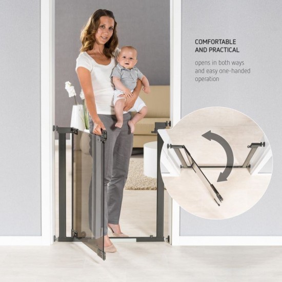 Poarta de siguranta Reer DesignLine Puristic, presiune, 76-96 cm, metal + plexiglas gri, 46031 