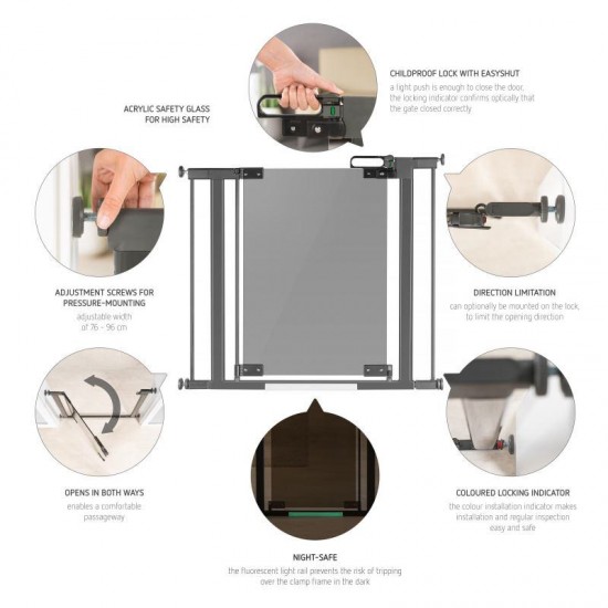 Poarta de siguranta Reer DesignLine Puristic, presiune, 76-96 cm, metal + plexiglas gri, 46031 