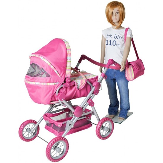 Carucior pentru papusi cu maner reversibil Twingo-S Pink With Stripe