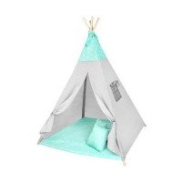 Cort copii XXL Teepee, cu covoras si 3 perne Verde/Gri Stelute Iso Trade MY17243