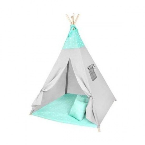 Cort copii XXL Teepee, cu covoras si 3 perne Verde/Gri Stelute Iso Trade MY17243