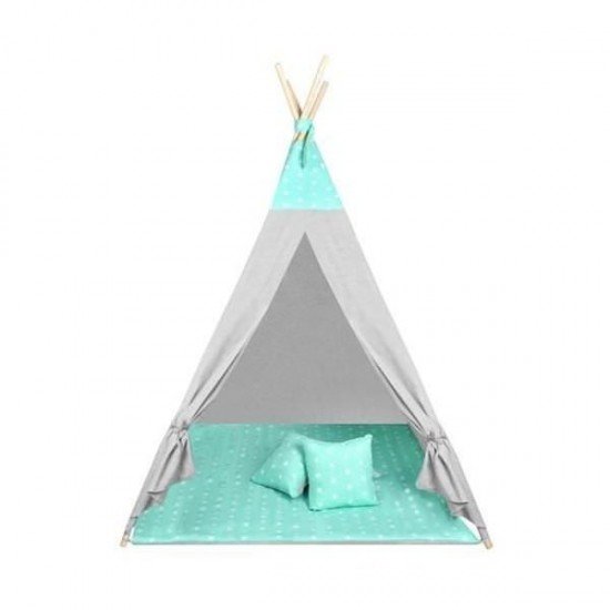 Cort copii XXL Teepee, cu covoras si 3 perne Verde/Gri Stelute Iso Trade MY17243