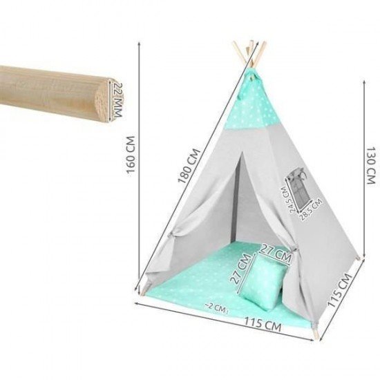 Cort copii XXL Teepee, cu covoras si 3 perne Verde/Gri Stelute Iso Trade MY17243
