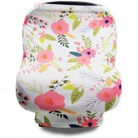 Husa multifunctionala 4 in 1 - Esarfa alaptare, husa pentru cosulet auto, cos cumparaturi si scaun de masa Alb/Roz/Flowers