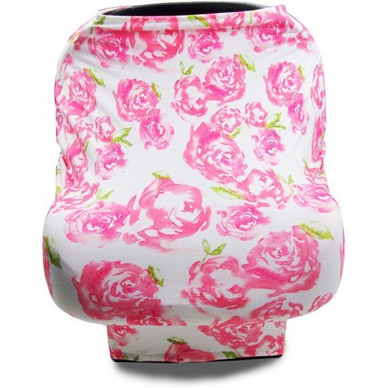 Husa multifunctionala 4 in 1- Esarfa alaptare, husa pentru cosulet auto, cos cumparaturi si scaun de masa Bambinice Alb/Roz/Roses