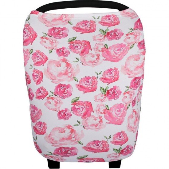 Husa multifunctionala 4 in 1- Esarfa alaptare, husa pentru cosulet auto, cos cumparaturi si scaun de masa Bambinice Alb/Roz/Roses