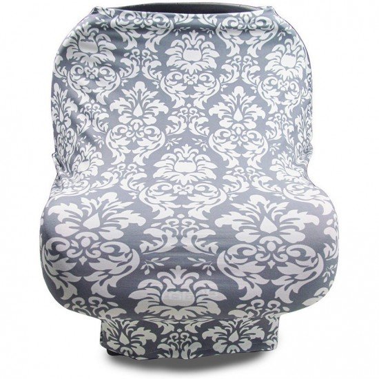 Husa multifunctionala 4 in 1 - Esarfa alaptare, husa pentru cosulet auto, cos cumparaturi si scaun de masa Bambinice Gri/Alb/Flowers