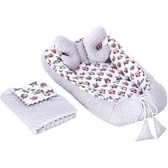 Set 3 in 1 Babynest Minky, paturica si perna Infantilo Bufnite Roz/Gri