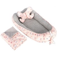 Set 3 in 1 Babynest Minky, paturica si perna  Infantilo Iepurasi Roz/Gri