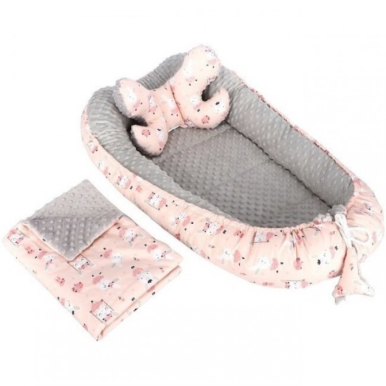 Set 3 in 1 Babynest Minky, paturica si perna  Infantilo Iepurasi Roz/Gri