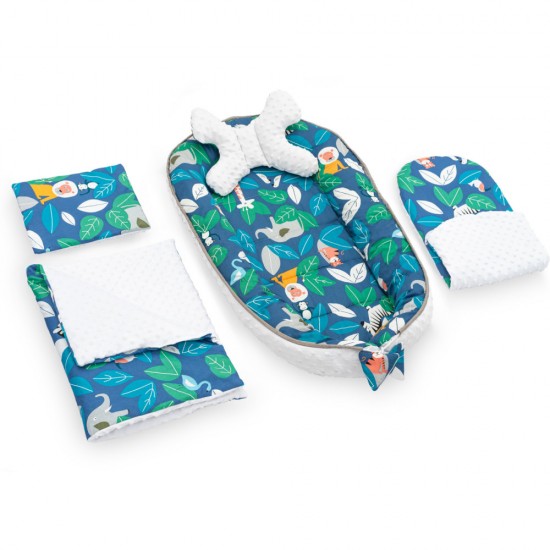 Set 5 in 1 Babynest Minky, 2 perne, 1 paturica si o saltea cu doua fete Tutumi Alb/Albastru Jungle TT37547