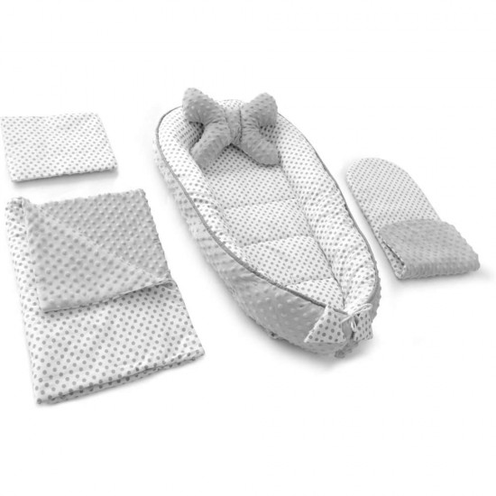 Set 5 in 1 Babynest Minky, 2 perne, 1 paturica si o saltea cu doua fete Tutumi Alb/Gri Buline TT37547