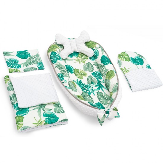 Set 5 in 1 Babynest Minky, 2 perne, 1 paturica si o saltea cu doua fete Tutumi Alb/Verde Jungle TT37547