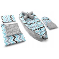 Set 5 in 1 Babynest Minky, 2 perne, 1 paturica si o saltea cu doua fete Tutumi Albastru/Gri Zig Zag TT37547