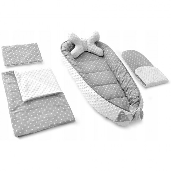 Set 5 in 1 Babynest Minky, 2 perne, 1 paturica si o saltea cu doua fete Tutumi Gri/Alb Stelute TT37547