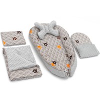 Set 5 in 1 Babynest Minky, 2 perne, 1 paturica si o saltea cu doua fete Tutumi Gri Forest TT37547