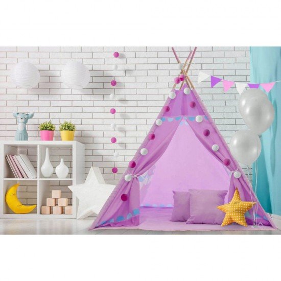 Set cort copii XXL Teepee cu covoras, 2 perne, ghirlanda si geanta depozitare Tutumi Carusel Mov