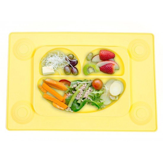 Farfurie autodiversificare si lingurita silicon Easymat Galben