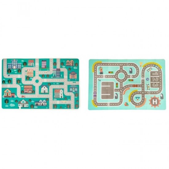 Blocuri din lemn cu covoras tip puzzle Ecotoys Orasel 161 piese