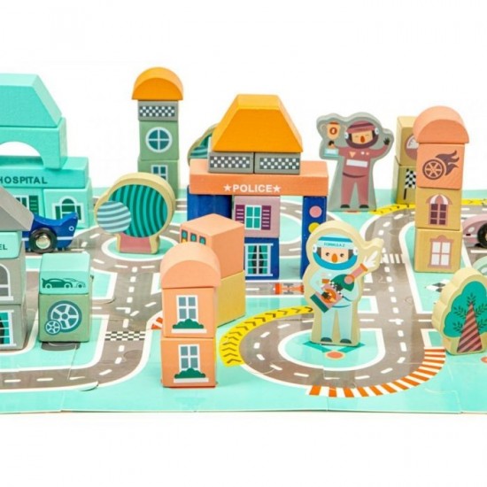 Blocuri din lemn cu covoras tip puzzle Ecotoys Orasel 161 piese