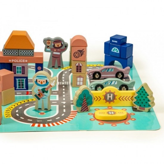 Blocuri din lemn cu covoras tip puzzle Ecotoys Orasel 161 piese