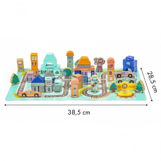 Blocuri din lemn cu covoras tip puzzle Ecotoys Orasel 161 piese