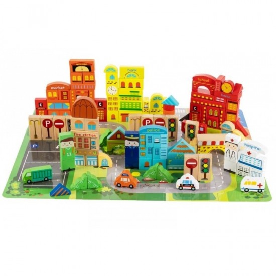 Blocuri din lemn cu covoras tip puzzle Ecotoys Orasel 196 elemente