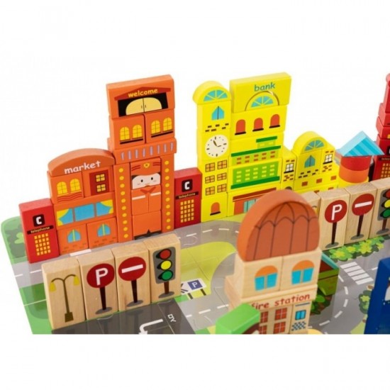 Blocuri din lemn cu covoras tip puzzle Ecotoys Orasel 196 elemente