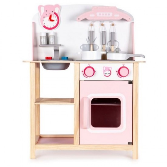 Bucatarie copii din lemn Ecotoys cu sunete si accesorii - Roz
