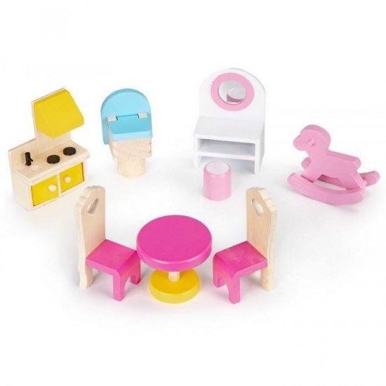 Casuta de papusi din lemn cu iluminare LED si set mobilier Ecotoys