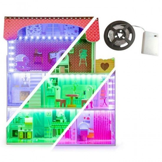 Casuta de papusi din lemn cu iluminare LED si set mobilier Ecotoys