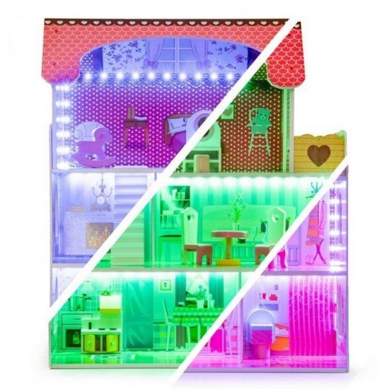 Casuta de papusi din lemn cu iluminare LED si set mobilier Ecotoys