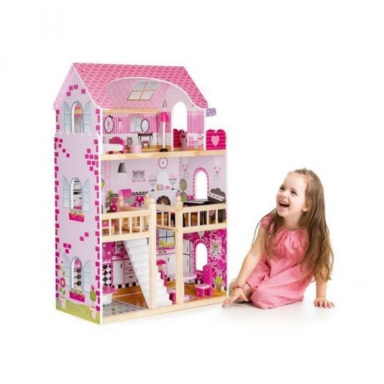 Casuta de papusi din lemn cu iluminare LED si mobilier Ecotoys HM006391