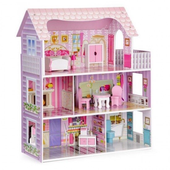 Casuta de papusi din lemn cu iluminare LED si mobilier Ecotoys