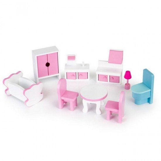 Casuta de papusi din lemn cu iluminare LED si mobilier Ecotoys