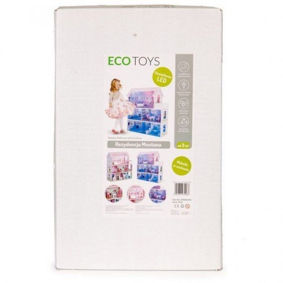 Casuta de papusi din lemn cu iluminare LED si mobilier Ecotoys
