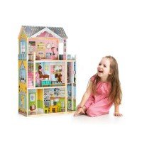 Casuta de papusi din lemn cu lift si mobilier Ecotoys F0404