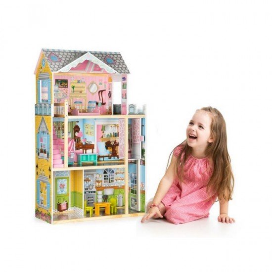 Casuta de papusi din lemn cu lift si mobilier Ecotoys F0404