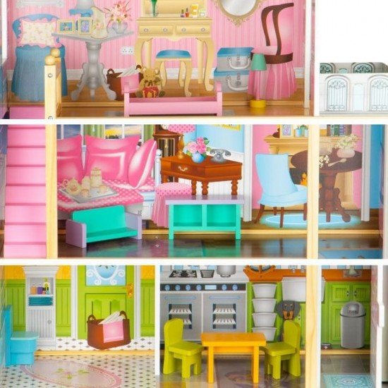 Casuta de papusi din lemn cu lift si mobilier Ecotoys F0404