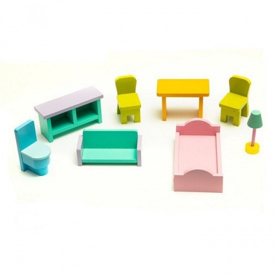 Casuta de papusi din lemn cu lift si mobilier Ecotoys F0404