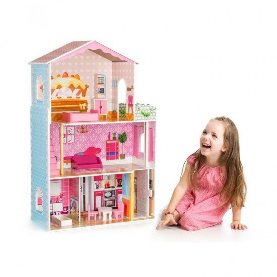 Casuta de papusi din lemn cu lift si mobilier Ecotoys W08125