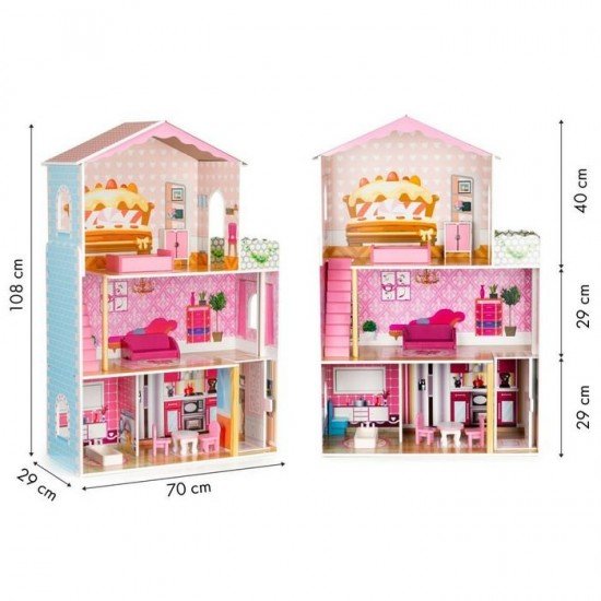 Casuta de papusi din lemn cu lift si mobilier Ecotoys W08125