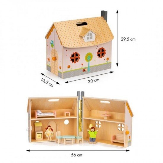 Casuta de papusi din lemn cu mobilier si deschidere Ecotoys