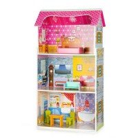 Casuta de papusi cu 3 nivele din lemn cu mobilier Ecotoys