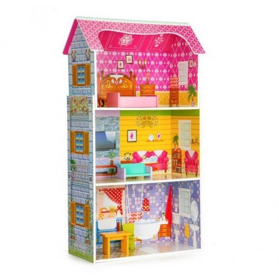 Casuta de papusi cu 3 nivele din lemn cu mobilier Ecotoys
