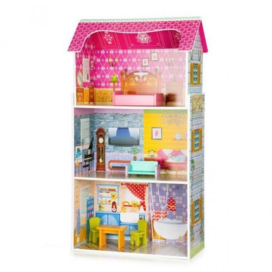 Casuta de papusi cu 3 nivele din lemn cu mobilier Ecotoys