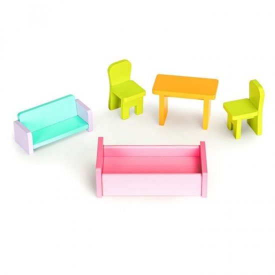 Casuta de papusi cu 3 nivele din lemn cu mobilier Ecotoys