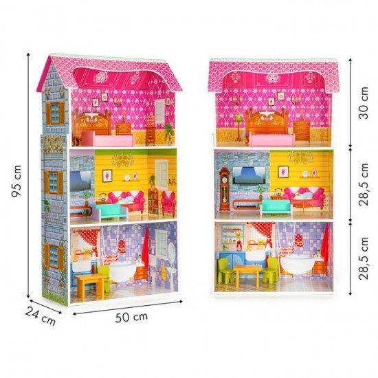 Casuta de papusi cu 3 nivele din lemn cu mobilier Ecotoys