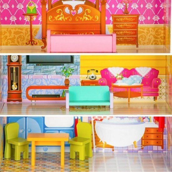 Casuta de papusi cu 3 nivele din lemn cu mobilier Ecotoys