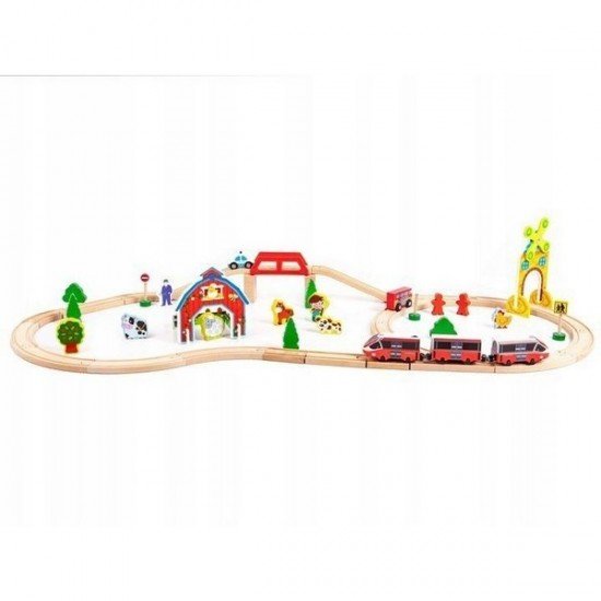 Circuit din lemn cu 53 piese si trenulet multicolor Ecotoys